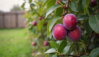 Obraz premium Plum tree heavy with plums, feeling bountiful, in a rural orchard setting