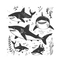 Obraz premium Black And White Illustration Of Sharks And Fish In An Underwater Scene
