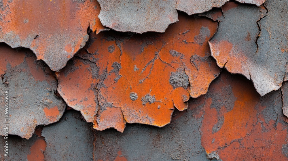 Poster a close-up of rust on sheet metal, with an uneven distribution of corrosion forming abstract texture