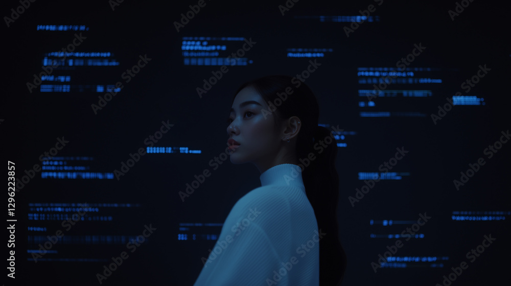 Aufkleber data analyst in a digital world: a contemplative young woman stands before a digital display of comp