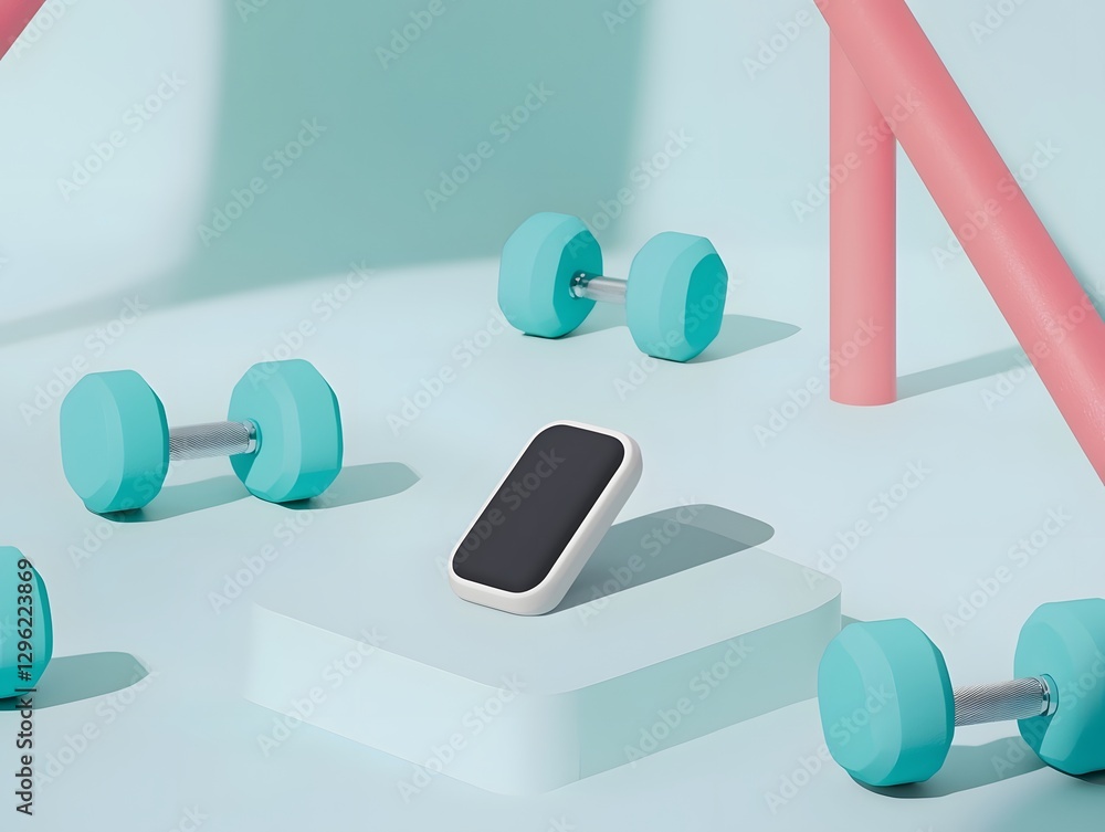 Poster sleek modern fitness tracker device and dumbbells displayed on a minimalist clean gym background wit