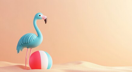 Obraz premium Colorful Flamingo with Beach Ball on Sandy Tropical Background