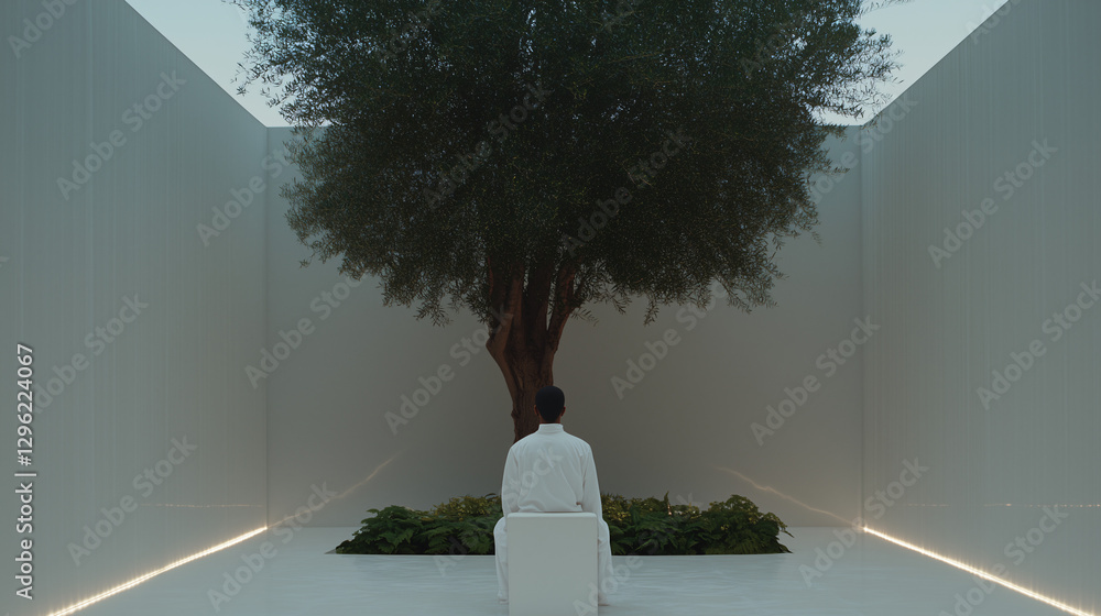 Poster contemplation in serene space: a figure immersed in thought sits before an ancient tree, creating a 