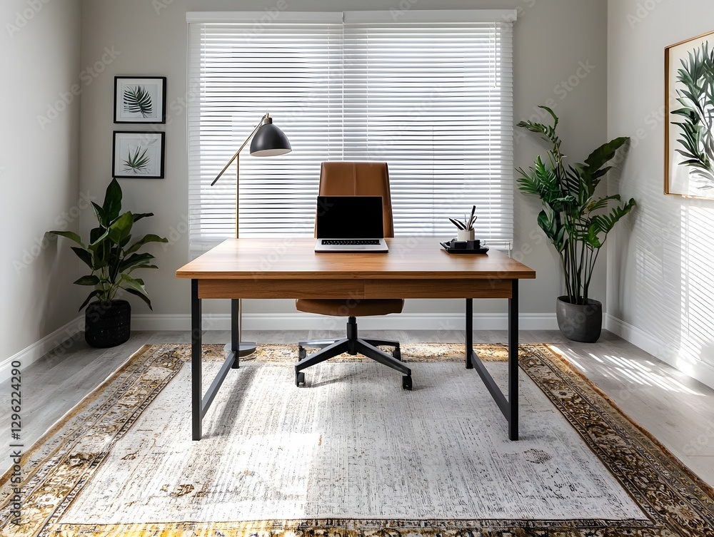 Poster sleek and modern home office desk setup with laptop plants and decorative accessories in a bright mi