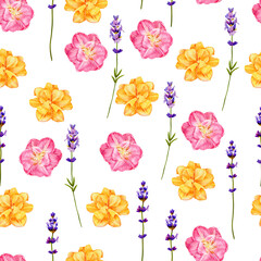 tulips yellow and pink and lavender, open and buds. Seamless pattern of spring flowers. Hand painted with watercolors. For interior decoration, postcards or cosmetics, Provence wallpaper, dishes