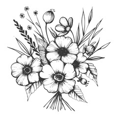 Hand Drawn Black And White Illustration Of A Floral Bouquet Design