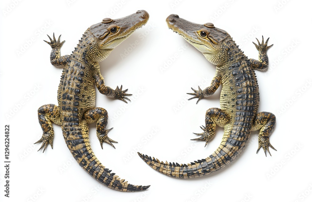 Poster two lifesize crocodiles with intricate skin patterns displayed on a white background for nature phot