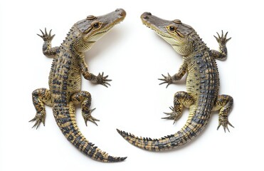 Naklejka premium Two Lifesize Crocodiles with Intricate Skin Patterns Displayed on a White Background for Nature Photography Projects and Wildlife Education