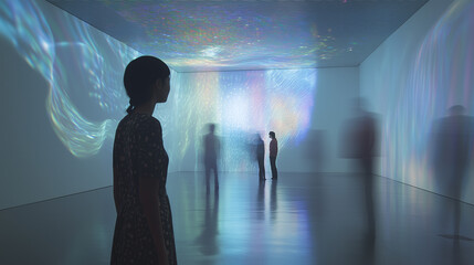 Fototapeta premium Lost in the Abstract: A solitary figure stands in a gallery bathed in ethereal, colorful light, gazing at a projected abstract artwork.