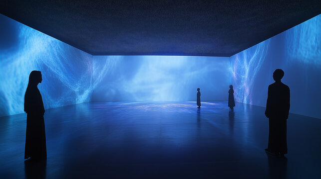 Immersive Blue: Silhouetted figures stand in contemplation before a breathtaking, immersive digital art installation featuring a vast, dynamic blue light projection. The artwork fills the entire room.