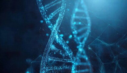 glowing digital dna strand in blue futuristic cyber space, abstract biotechnology concept for genetic research and ai science

