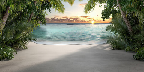 Fototapeta premium Tropical Paradise Beach: a secluded tropical beach with turquoise waters framed by lush green palm trees, creates an inviting escape under a vibrant sunset sky. Capturing a sense of serenity.