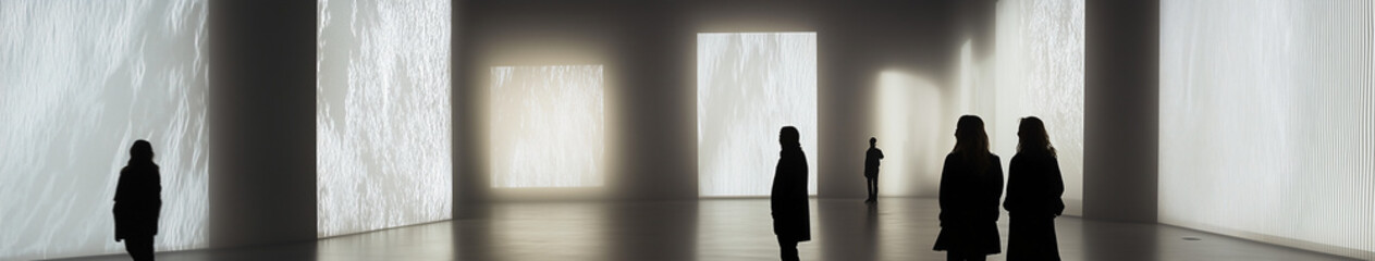 Obraz premium Silhouettes in a Modern Gallery: Mysterious silhouettes of figures stand within a vast, minimalist gallery space, bathed in soft, diffused light that creates an ethereal atmosphere.