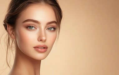 Fototapeta premium Beautiful woman with flawless skin, against a beige background. Beauty portrait of a young, beautiful model close up on her face and shoulders. 