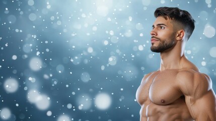 Muscular shirtless male model with chiseled abs and toned physique posing confidently in a snowy icy outdoor setting  The man s powerful athletic build and intense
