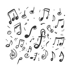 Hand Drawn Black And White Musical Notes Scattered On White Background