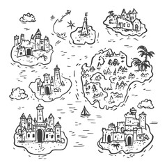 Hand Drawn Black And White Map Featuring Multiple Islands With Castles Trees And A Sailing Ship
