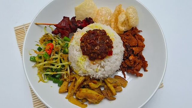 Bigul, or Nasi Campur Babi Guling, is a signature Balinese meal that combines rice with roast pork, Balinese satay, and an array of traditional side dishes from Bali, Indonesia.
