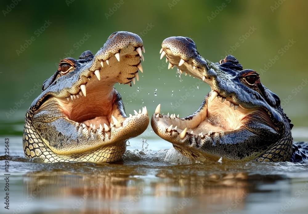 Poster two powerful alligators displaying their majestic jaws in the water with intense expressions and clo