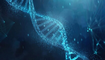 glowing digital dna strand in blue futuristic cyber space, abstract biotechnology concept for genetic research and ai science

