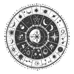 Hand Drawn Celestial Compass With Sun Moon And Stars
