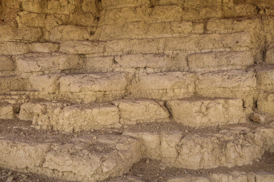 Close-up view of the ancient bricks that make up the Tepe Sialk ziggurat in Kashan, Iran. The building itself dates back to 3000 BC.