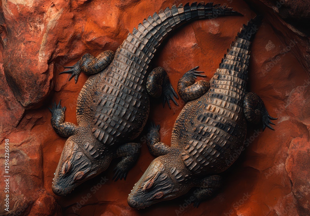 Aufkleber two realistic crocodile figures resting on warm brown rock surface in artistic display setting for w