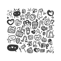 Hand Drawn Doodle Collection Of Hearts Faces And Objects