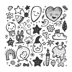 Hand Drawn Doodle Collection Of Smiling Faces And Objects