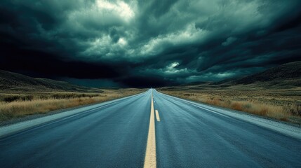 A desolate highway disappearing under a sky filled with fast-moving storm clouds.