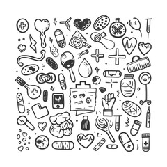 Hand Drawn Doodle Illustration Of Medical And Healthcare Symbols