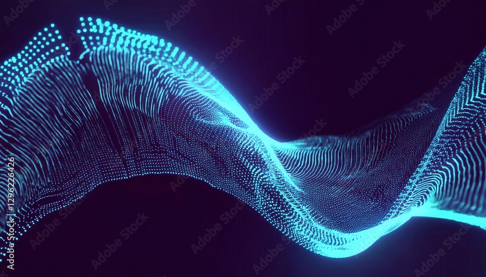 Poster futuristic glowing data wave with fluid motion, neon blue digital mesh with dynamic flow, abstract t