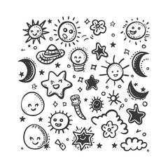 Hand Drawn Doodle Illustration Of Smiling Suns Moons And Stars