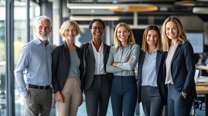 Multiethnic team posing for a photo with smiles in a dynamic workplace setting	
