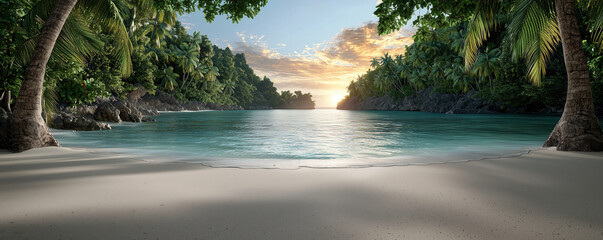 Secluded Tropical Cove at Sunset: A tranquil cove nestled between lush tropical islands, the clear turquoise water gently laps the pristine white sand beach.