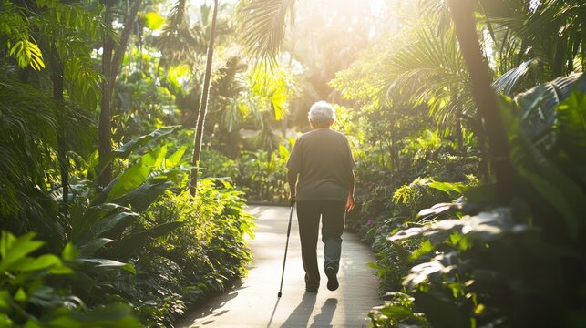 Rare illness patient using a walking aid in a peaceful outdoor garden. Featuring recovery and strength