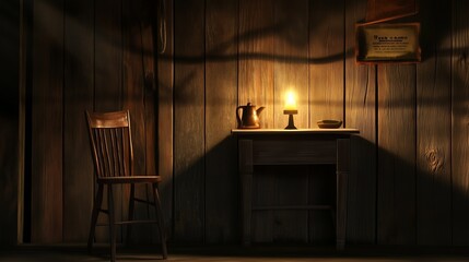 Dark room with single candle flickering on wooden table during power outage, symbolizing temporary darkness and reliance on alternative light sources.