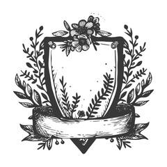 Obraz premium Hand Drawn Floral Crest With Blank Banner And Shield
