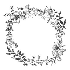 Hand Drawn Floral Wreath With Delicate Blooms And Foliage