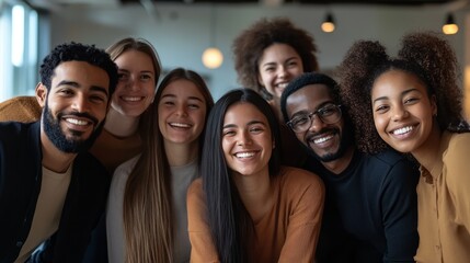 Obraz premium Multiethnic team posing for a photo with smiles in a dynamic workplace setting 