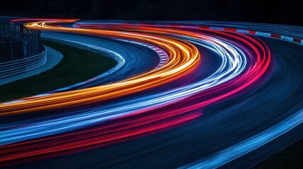 Colorful Light Trails on a Racing Track at Night