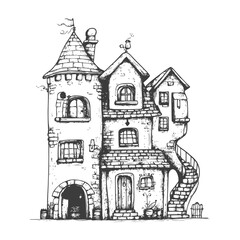 Hand Drawn Illustration Of A Charming Old Stone House With A Tower And Spiral Staircase