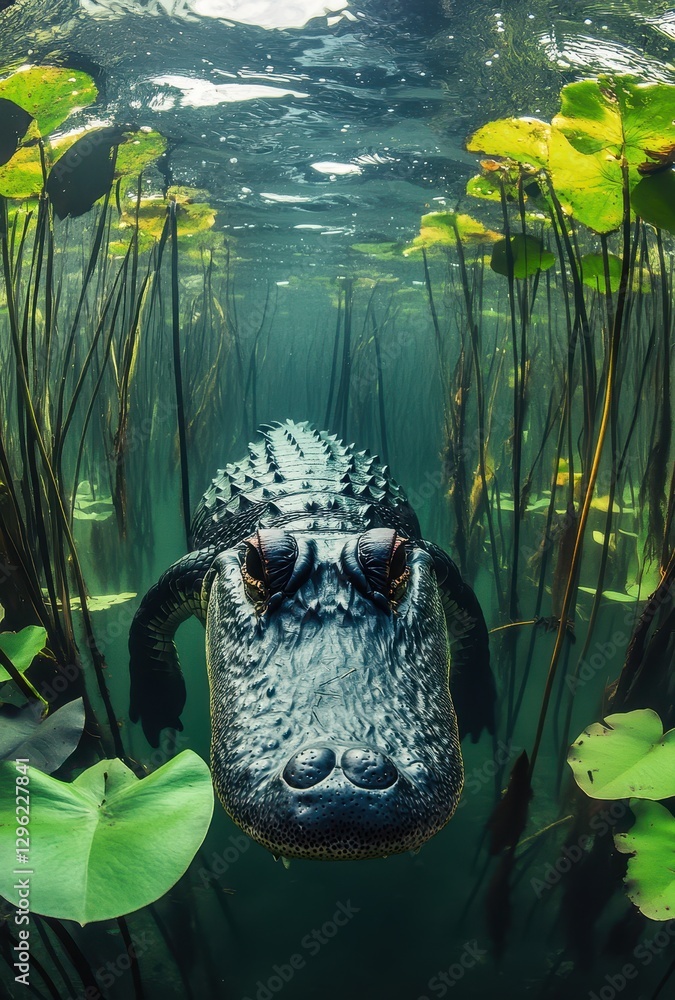 Poster underwater encounter with alligator surrounded by green lily pads in tranquil marshy environment