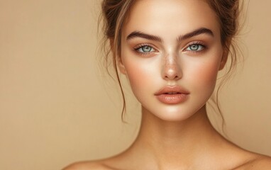 Beautiful woman with flawless skin, against a beige background. Beauty portrait of a young, beautiful model close up on her face and shoulders.  - obrazy, fototapety, plakaty