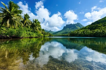 Fototapeta premium Hidden jungle lagoon surrounded by dense tropical plants, crystal-clear water reflecting the lush greenery