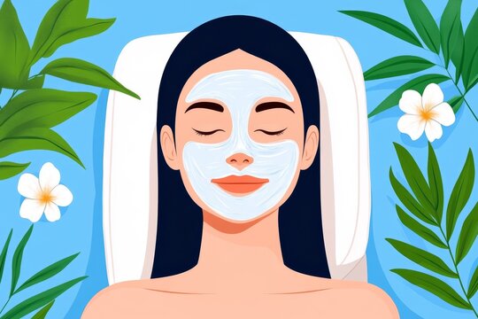 a 2D cartoon illustration of a woman having a spa day with a face mask, relaxing and rejuvenating, white background