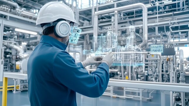 Technician wearing safety gear and analyzing a 3D holographic simulation of a refining process in an industrial plant or manufacturing facility