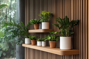Plants on shelves against a striped wall.
