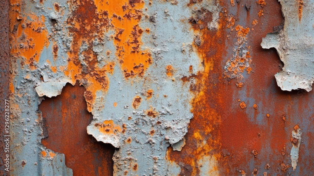 Poster a heavily rusted iron wall with uneven corrosion, creating a unique abstract pattern.