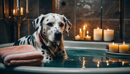 A Dalmatian dog relaxes in a warm bath surrounded by candles, creating a cozy and spa-like atmosphere